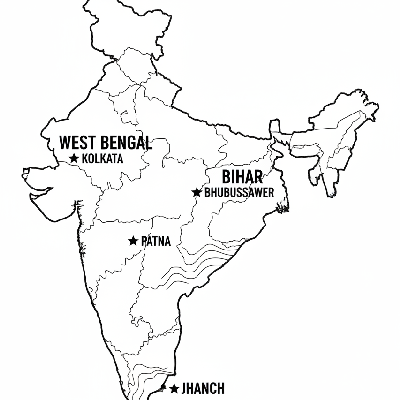 Line art coloring map of East Indian states including West Bengal, Odisha, Bihar, and Jharkhand with their capitals.