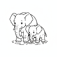 Baby elephant digging hole with mother, demonstrating coloring page.