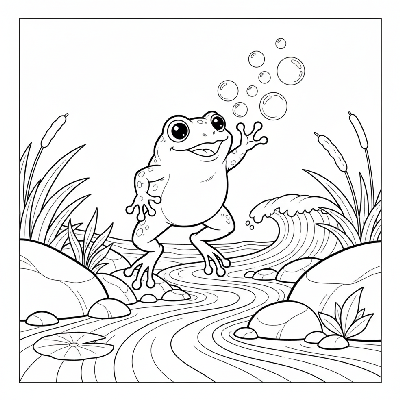 Line art of a playful frog chasing bubbles in a coastal stream.