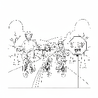 Black and white line art of an Indian family on bicycles stopping near an Indian stop sign.