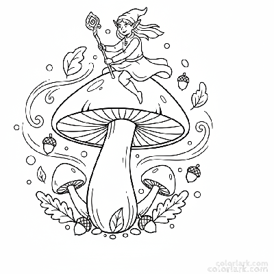 Black and white line art of a whimsical forest elf riding on the back of a large mushroom like a steed, for coloring.