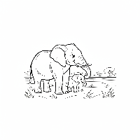 Mother & baby elephants gaze at horizon coloring page in forest clearing.