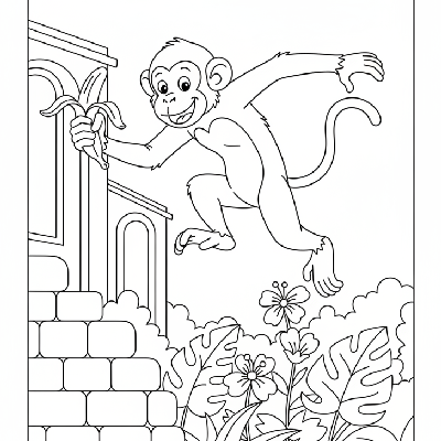 Black and white line art of a monkey in a swift jump from a wall, clutching a stolen banana, looking back mischievously.
