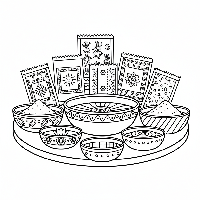 Coloring page of stacked Holi gulal packets and bowls.