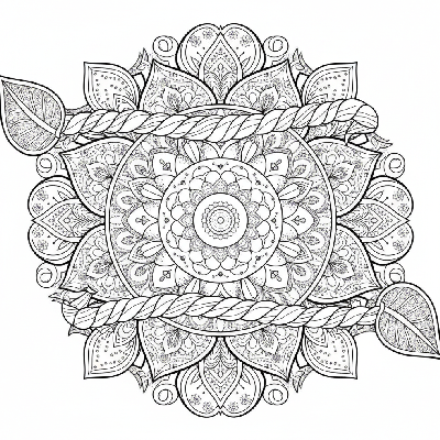 Black and white line art of an intricate dot work Rakhi design with shading and texture created through stippling for detail lovers.