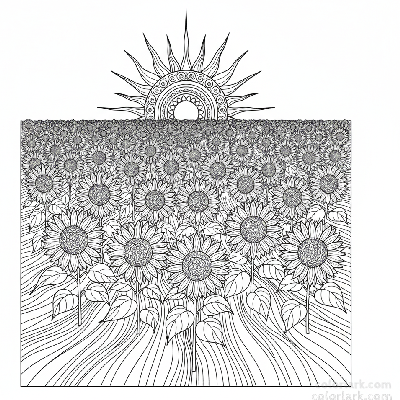 Detailed black and white line art of a sunflower field at sunset, for adult coloring
