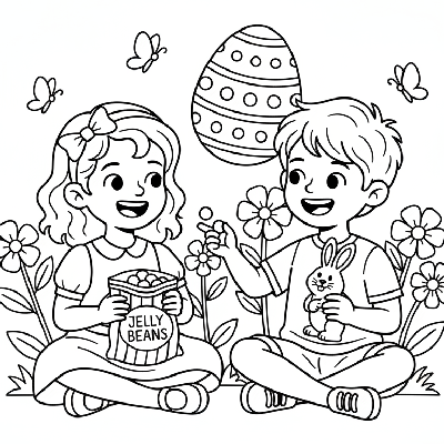 Black and white line art of two children sitting together and happily sharing their Easter candy and chocolate bunny.