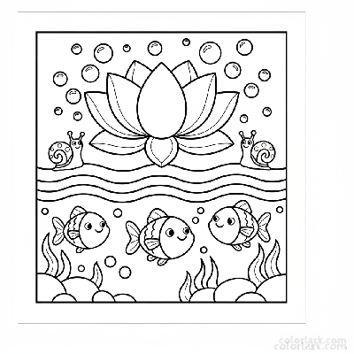 Black and white line art for kids, showing a playful lotus with bubbles and cartoon pond animals.