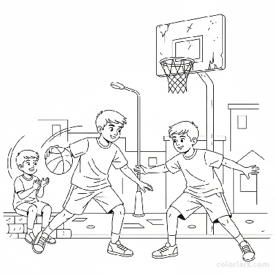 Line art of two Indian friends playing one-on-one street basketball, with a third friend cheering.