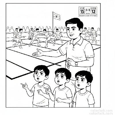 Line art of curious Indian children asking an adult questions about kabaddi rules during a national match.