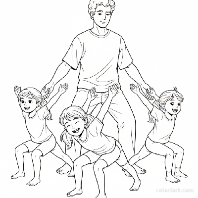 Line art of kids practicing simple Wheel Pose with a yoga instructor.