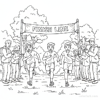 Line art of young cross country runners sprinting to a grassy finish line with a cheering outdoor crowd