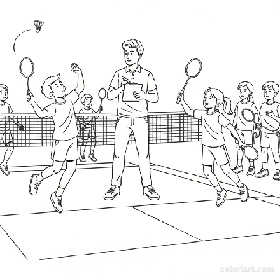 Line art of a coach observing multiple children's badminton smashes during training.