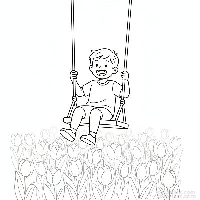 Line art illustration of a child on a swing with blooming tulips in the background
