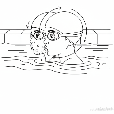 Black and white line art of a child learning freestyle breathing rhythm in a pool, wearing a swim cap and goggles.
