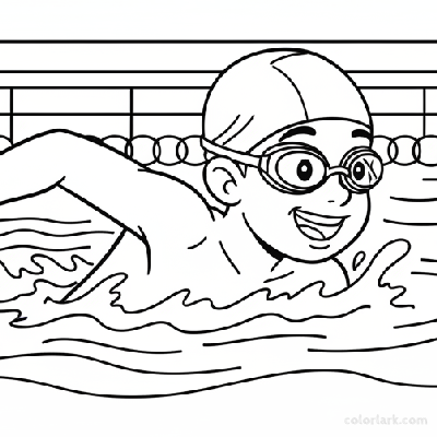 Black and white line art of a joyful boy swimming freestyle in a pool, wearing a swim cap and goggles.