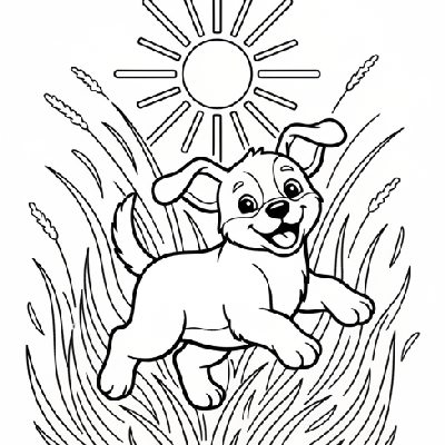 Black and white line art of a happy puppy energetically romping in a sunlit field, an easy coloring page for Indian learners.