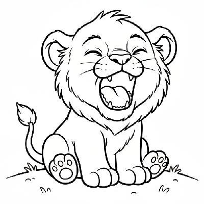 Black and white line art of a cute lion cub yawning widely after a long nap.