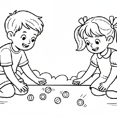 Happy children kneeling on the ground, playing with colorful marbles outdoors on Diwali day, focused and joyful, line art