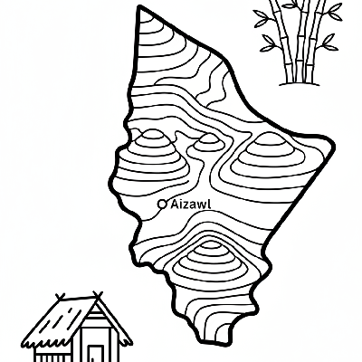 Line art coloring map of Mizoram state, featuring Aizawl, the Durtlang Hills, and subtle bamboo illustrations.