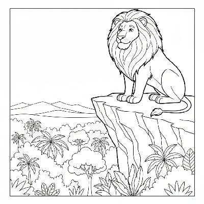 Black and white line art of a wise old lion overlooking the Indian jungle from a high vantage point