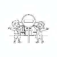 Black and white line art of two school children pointing at an Indian no entry sign at a school drop-off zone.