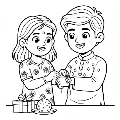 Black and white line art of a happy sister tying a rakhi on her brother's wrist for Rakshabandhan.
