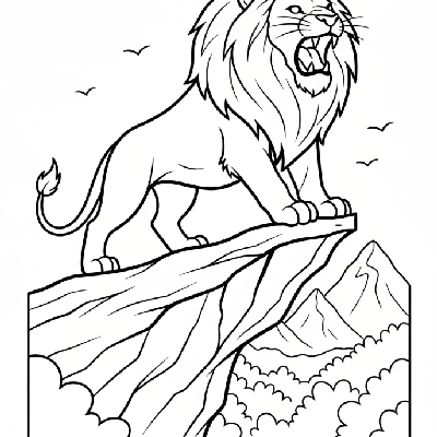 Black and white line art of a lion roaring on a cliff edge, King of the Indian Jungle