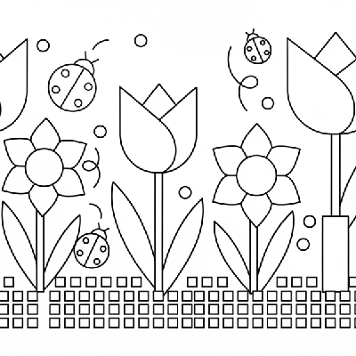Black and white line art of a spring meadow with tulips, daffodils, and ladybugs, all composed of circles, squares, and triangles for shape recognition.