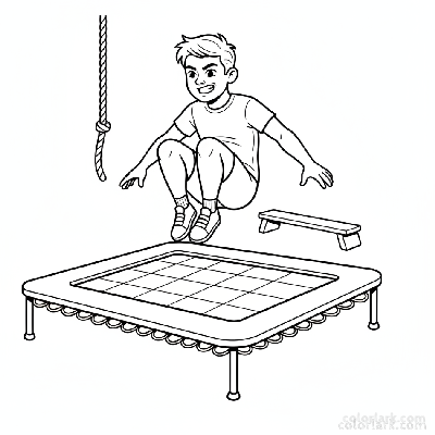 Black and white line art of an athletic boy in a mid-air pose on a kids gym trampoline at a fitness center.