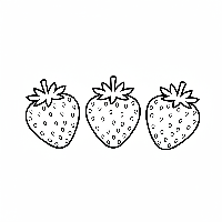 A black-and-white line art illustration showing three yummy red strawberries, ideal for a number 3 counting and coloring activity.