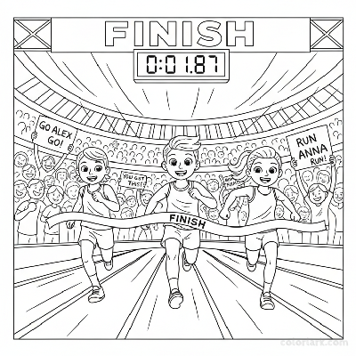 Line art of kids sprinting to a finish line with a digital clock and an excited cheering crowd