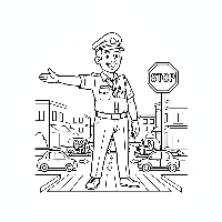 Black and white line art of an Indian traffic warden guiding vehicles near an Indian stop sign.