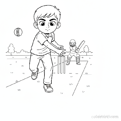 Line art coloring page of an Indian boy bowler with intense focus, releasing the cricket ball.