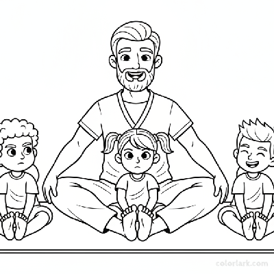Line art of kids doing Frog Pose for hip opening with a yoga teacher.