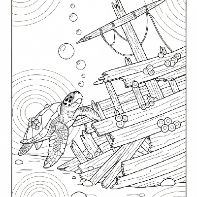 Black and white line art coloring page of a hawksbill sea turtle exploring the remains of an old shipwreck.