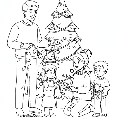 Line art of parents teaching kids how to string Christmas lights on the tree.
