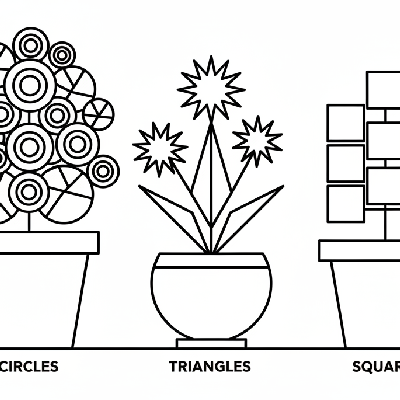 Black and white line art of a collection of potted plants with different blooming flowers, all composed of circles, squares, and triangles for shape recognition.