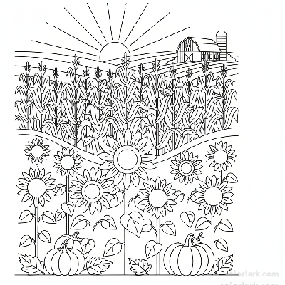 Black and white line art of a sunflower field next to a cornfield