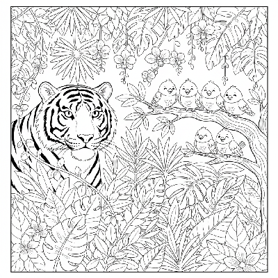 Black and white line art of a tiger observing birds from a hidden spot in an Indian forest