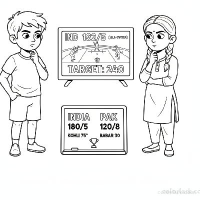 Black and white line art of Indian children making score predictions on a whiteboard while intently watching a cricket match on television.