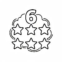 Black and white line art coloring page showing six stars in the night sky with the number 6.