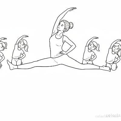 Line art of children learning Gate Pose for side stretch with a yoga instructor.