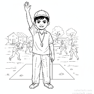 Enthusiastic Indian child with raised arm, umpiring a village cricket game on a dusty ground.