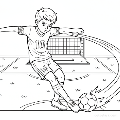 Line art of a young footballer performing a masterful power kick.