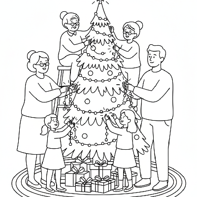 Black and white line art of a multi-generational family attaching fairy lights and glittery strands to a Christmas tree.