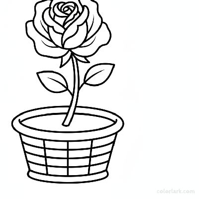 Easy rose in a plain basket coloring page for beginners, black and white line art, simple flower in a container.