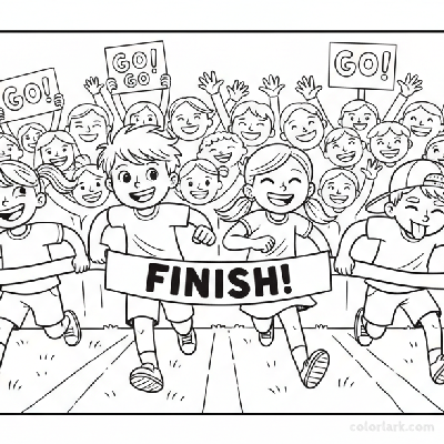 Line art of kids sprinting towards a finish line with anticipation, cheered by a joyful crowd