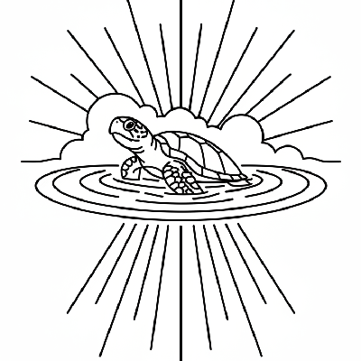 Black and white line art coloring page of a sea turtle emerging from the water with sun rays beaming down.