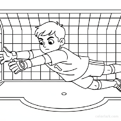 Black and white line art of a young boy goalkeeper in a full-extension dive, just about to save a penalty kick soccer ball.